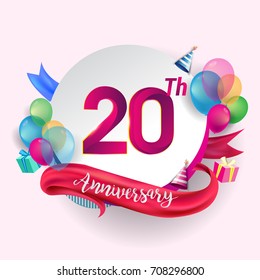 20th Anniversary logo with ribbon, balloon, and gift box isolated on circle object and colorful background