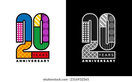 Logotipo del 20º aniversario, signo del 20º aniversario, logo colorido para el evento de vacaciones, invitación, felicitaciones, plantilla web, volante y folleto, símbolo retro, logotipo de color