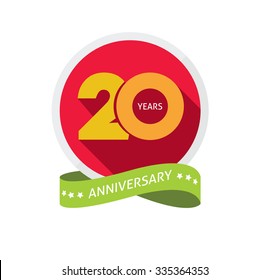 20th Anniversary Logo Template With Shadow On Circle  Number 2 (two). 20 Years Icon. Twenty Years Birthday Party Symbol. Twentieth Holiday, Sticker, Badge, Ribbon, Banner, Poster, Logotype, Emblem Tag