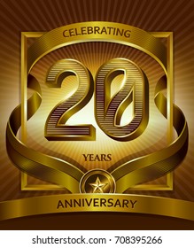 20th anniversary logo. Vector and illustration shiny gold ribbon