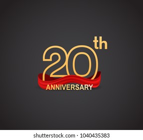 20th anniversary logotype design with line golden color and red ribbon for celebration isolated on dark background