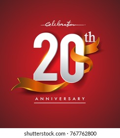 20th anniversary logotype with golden ribbon isolated on red elegance background, vector design for birthday celebration, greeting card and invitation card.