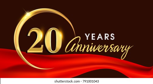 20th anniversary logotype with golden ring isolated on red ribbon elegant background, vector design for birthday celebration, greeting card and invitation card.