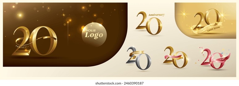 Logotipo del 20º aniversario número de oro moderno con cinta brillante. número de logotipo alternativo