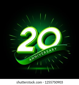 20th anniversary neon text vector design template. green number neon logo, light banner design element colorful design trend, night bright advertising neon text anniversary event party template