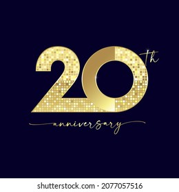Números de 20 años. Concepto de logotipo de 20 años. Plantilla de diseño gráfico abstracto aislada. Lujo brillante de 2 y 0 dígitos. Bg de píxel dorado con máscara vectorial. Hasta un 20% de descuento, idea de compra