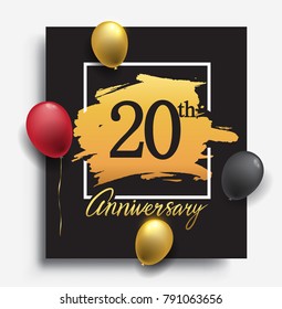 20th anniversary template design on golden brush background and balloon, vector design for greeting card and invitation card, Birthday celebration