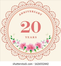 20th anniversary. Vector design greeting card with decorative floral circle for celebration
