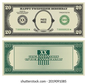 20th birthday and anniversary. Sample of reverse and obverse of paper money in retro style of US dollars. Your photo