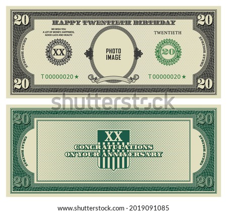 20th birthday and anniversary. Sample of reverse and obverse of paper money in retro style of US dollars. Your photo