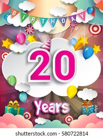 20th Birthday Celebration greeting card Design, with clouds and balloons. Vector elements for the celebration party of twenty years anniversary