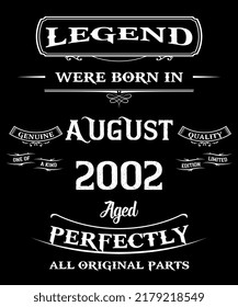 20th Birthday Vintage Legends Born In August 2002 20 Years Old