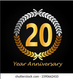 20th gold anniversary celebration logo with golden color and laurel wreath vector design