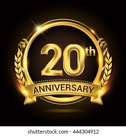 20th golden anniversary logo, 20 years anniversary celebration with ring and ribbon, Golden anniversary laurel wreath design.