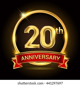 20th golden anniversary logo with ring and red ribbon isolated on black background, vector design for birthday celebration, marriage, corporate, and your business.