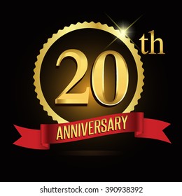 20th golden anniversary logo with shiny ring red ribbon.