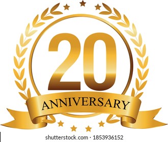 20th golden anniversary sign. Vector and illustration. gold design, Light bright symbol for event, invitation, award, ceremony, greeting. Laurel and star emblem, luxury elegant icon.