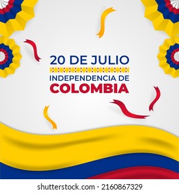 20th July Colombia independence day background with wavy flag, ribbons, and traditional pattern