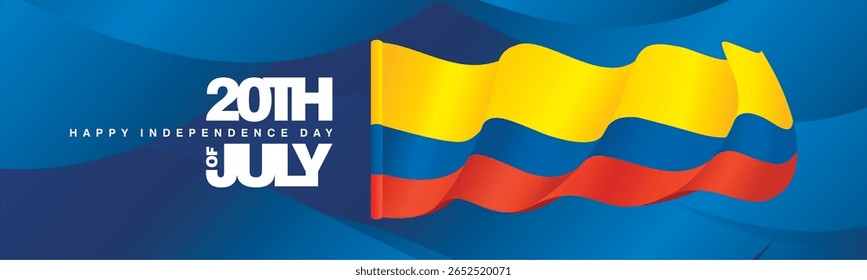 20th of July Colombia Independence Day banner with wavy Colombia flag on abstract blue background