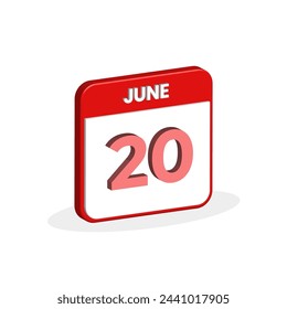 20. Juni Kalender 3D-Symbol. 3D Juni 20 Kalenderdatum, Monatssymbol Vektor Illustrator
