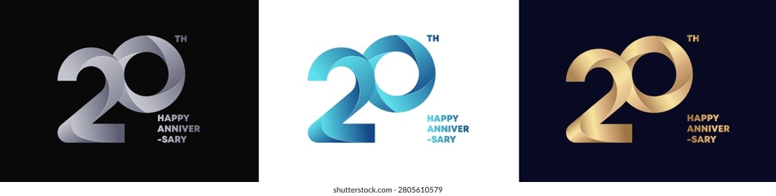 20th Logo Anniversary with abstract twist consept, Happy Anniversary with Colorful Gradient, Luxury Gold and Elegant Silver. Editable vector
