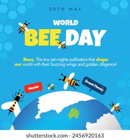  20th May World Bee day. World Bee day celebration banner with earth globe, bees, speech bubbles: nectar, sweet honey, honey comb pattern on sky blue background. Bees day celebration banner conceptual