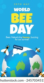 20th May World Bee day. World Bee day social media story banner with earth globe, bees, speech bubbles: nectar, sweet honey, honey comb pattern on sky blue background. Bees Queen