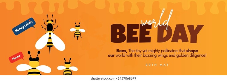 20th May World Bee Day celebration cover banner. World Bee Day banner, card, social media post. Bee engaged with Youth. The 2024 theme highlights the importance of involving young people in beekeeping