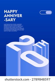 20th Modern anniversary poster template featuring a bold 3d isometric number on a vibrant blue background.
