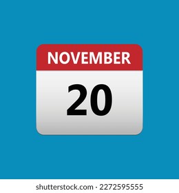 20th November calendar icon. November 20 calendar Date Month icon. Isolated on blue background