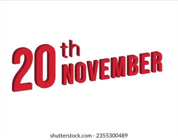 20 de Noviembre , símbolo de calendario diario y fecha. Diseño moderno, renderización 3d. Fondo blanco.