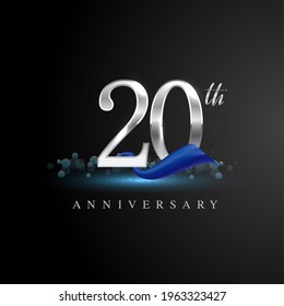 20th silver anniversary logo with blue ribbon isolated on elegant background, sparkle, vector design for greeting card and invitation card.