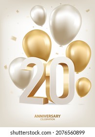 20th Year anniversary celebration background. Golden and silver balloons with confetti on white background with 3D numbers.