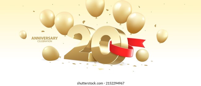 20th Year anniversary celebration background. 3D Golden number wrapped with red ribbon with  confetti and golden balloons.