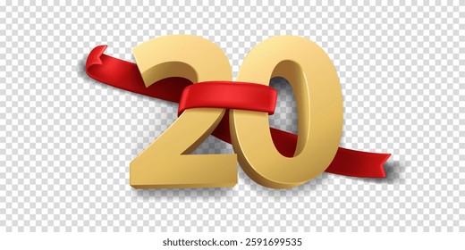 20th Year anniversary celebration background. 3D Golden number wrapped with red ribbon and confetti, isolated on transparent background.