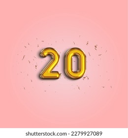 20th year Anniversary celebration design template. Number 20 flying foil balloon and confetti. Template for    Birthday, celebration or wedding event.