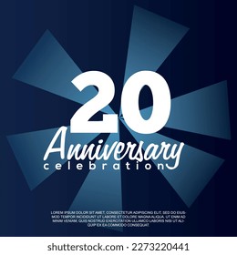 20th year anniversary celebration vector template design illustration with white text elegant blue shiny background.	