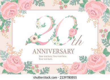 Plantilla de 20 años con flores elegantes. Tipo de letra Flolal. Ilustración vectorial.