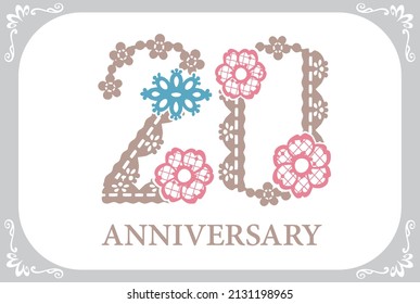 20th year anniversary template. Font of floral laces. Vector illustration.