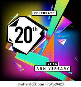 20th years anniversary card with colorful background. Twenty years birthday logo on geometric colorful background.
