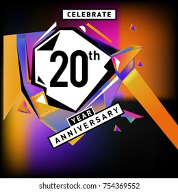 20th years anniversary card with colorful background. Twenty years birthday logo on geometric colorful background.