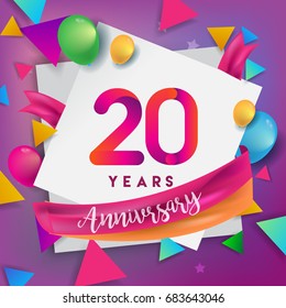 20th Years Anniversary Celebration Design, balloons and ribbon, Colorful design elements for banner, invitation, greeting card your twenty birthday celebration party.