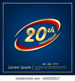 20th years anniversary celebration emblem. anniversary elegance golden logo with red ring on blue background, vector illustration template design for celebration greeting and invitation card