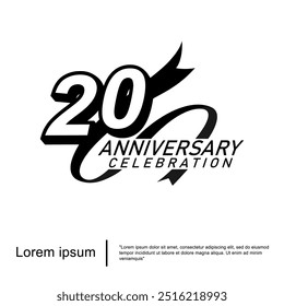 20th years anniversary celebration emblem. black logo isolated with ribbon on yellow background. vector illustration template design for web, flyers, poster, greeting card and invitation card