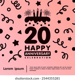 20th years anniversary celebration emblem. Happy anniversary logo isolated birthday cake and candle with confetti line doodle. vector illustration template design for web, flyers, poster, greeting