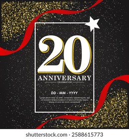 20th years anniversary celebration emblem. elegant anniversary logo isolated with red ribbon and stars twinkle sparkle. vector illustration template design for web, flyers, poster, invitation card