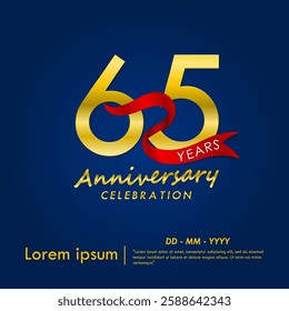 20th years anniversary celebration emblem. elegant golden anniversary logo isolated with red ribbon on dark blue background. vector illustration template design for web, flyers, poster, greeting card