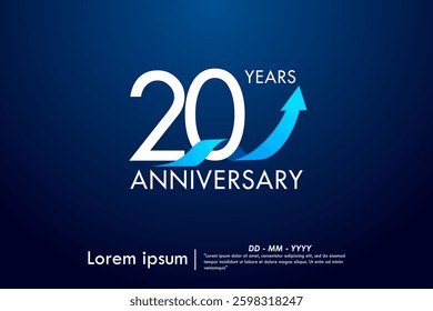 20th years anniversary celebration emblem. anniversary logo isolated with arrow growth up and blue ribbon on dark blue background. vector illustration template design for web, flyers, poster, greeting