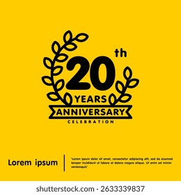 20th years anniversary celebration emblem. anniversary logo isolated with laurel wreath and ribbon on yellow background. vector illustration template design for web, flyers, poster, greeting card