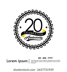 20th years anniversary celebration emblem. congratulation anniversary logo medal isolated with laurel wreath and ribbon on white background. vector illustration template design for web